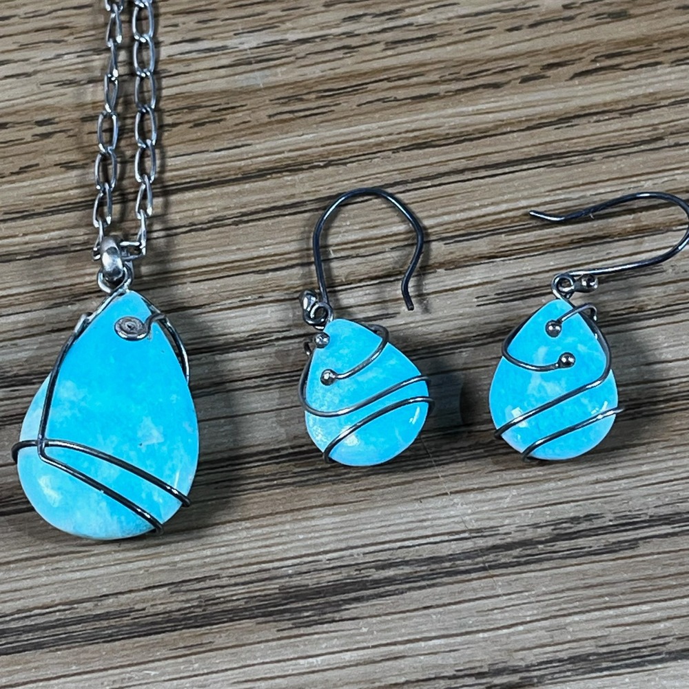 Teardrop Gemstone Wire Wrapped Pendant Necklace and Matching Dangle Earrings Set